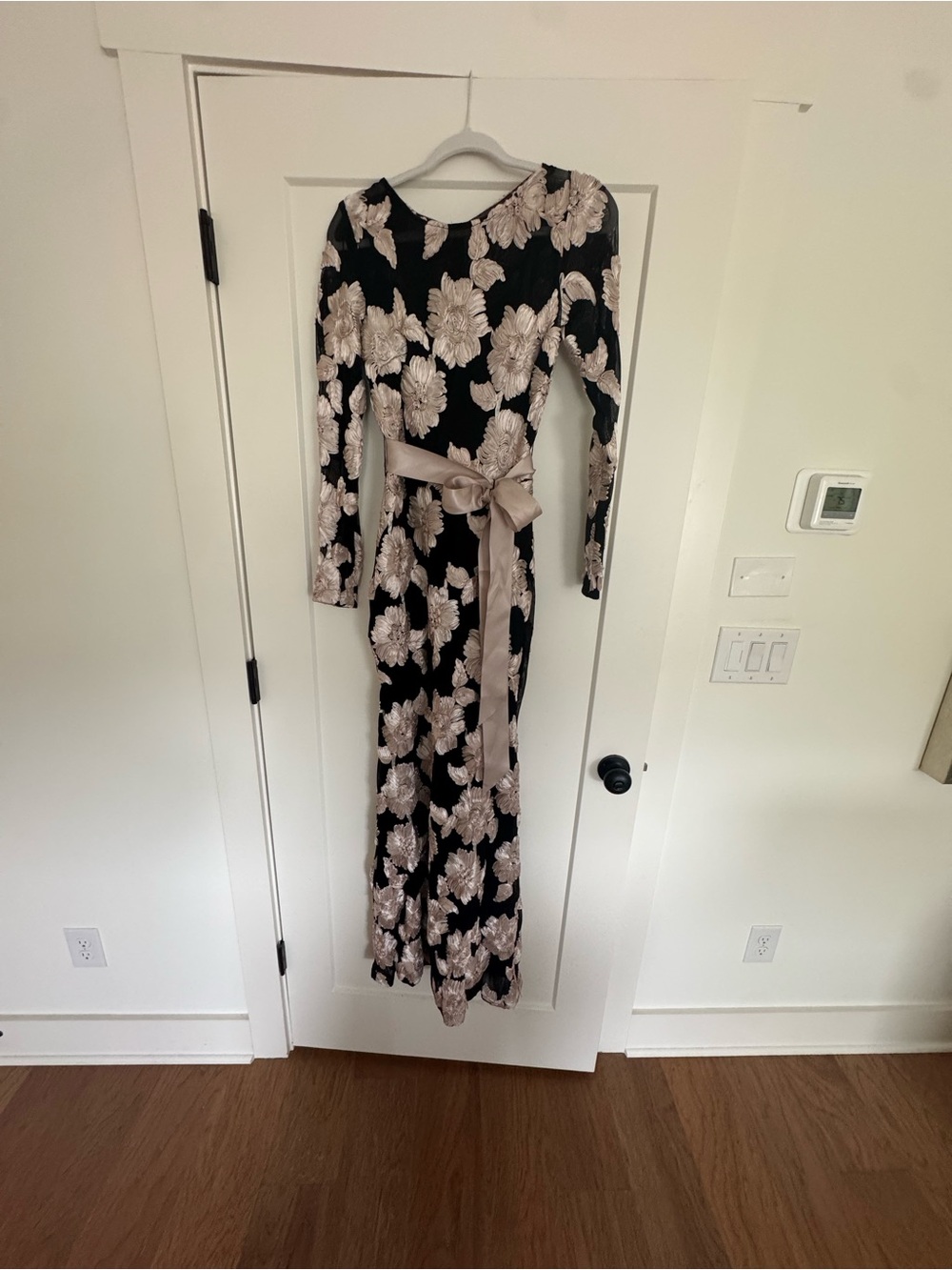 Black Floral Long Sleeve Maxi Dress with Champagne Floral Print